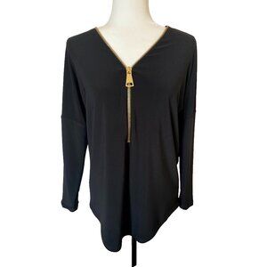 JOSEPH RIBKOFF Long Sleeve Top Size 8 Black Partial Front Gold Zipper Neckline